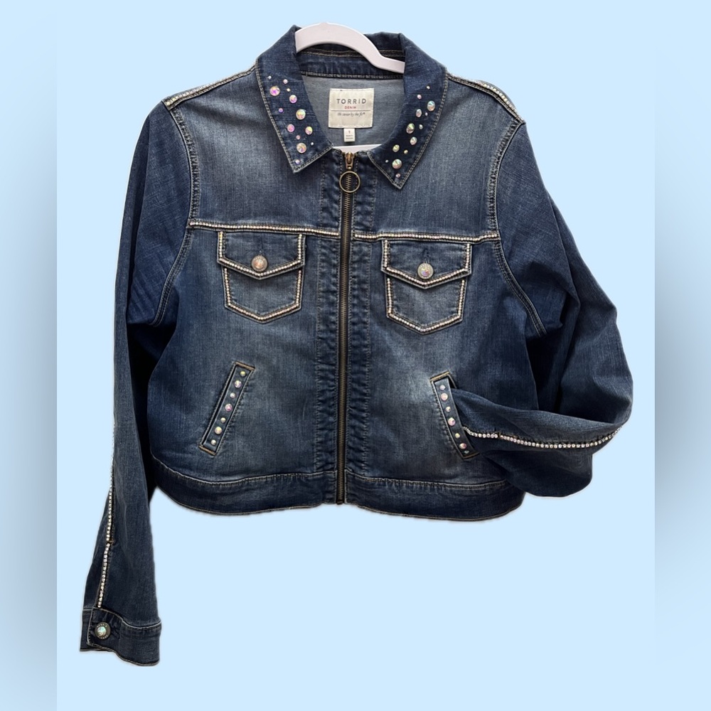 Upcycled Torrid Zip Up Bedazzled Jean Jacket w/Rhinestone Fringe Size 1